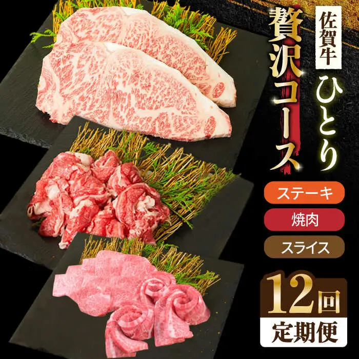 【全12回定期便】1ヶ月に1度の佐賀牛ひとり贅沢コース ステーキ/焼肉/スライス牛肉 希少 赤身 カルビ ヒレ サーロイン モモ 切り落とし[FAY067]
