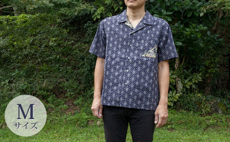 島田帯シャツ 紺地麻の葉柄 メンズ レディース 島田帯シャツ【Mサイズ】