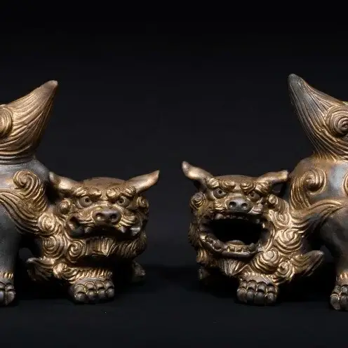 【datta.沖縄南の島陶芸工房】金シーサー（威嚇・中サイズペア）