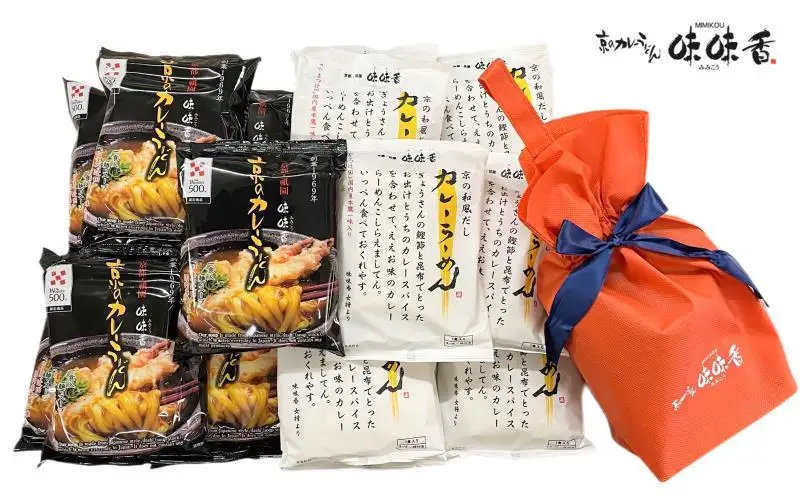 【味味香】京のカレーうどん7袋と京の和風カレーらーめん8袋のセット(即席麺) オリジナル巾着袋付（カレー/うどん/みみこう）
