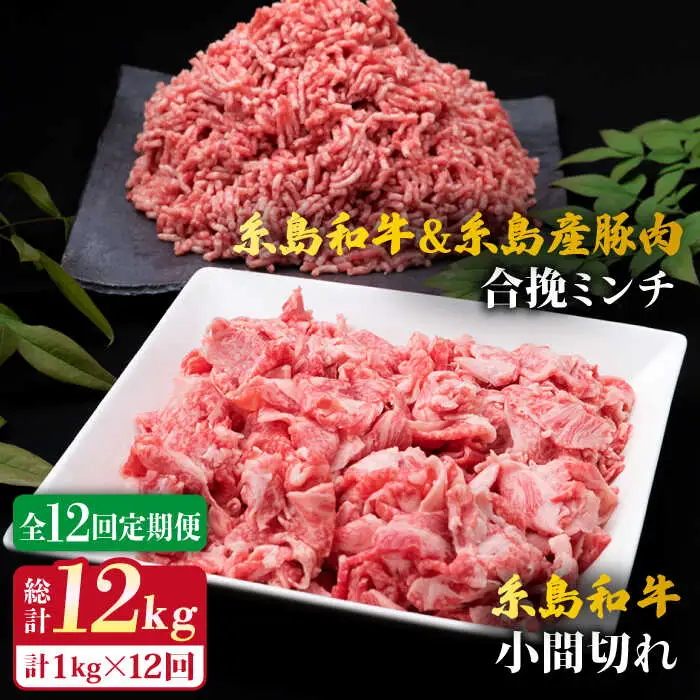 【全12回定期便】糸島和牛小間切れ500g ＆ 糸島和牛糸島豚合挽ミンチ 500g 合計1kg 糸島市/糸島ミートデリ工房[ACA239]