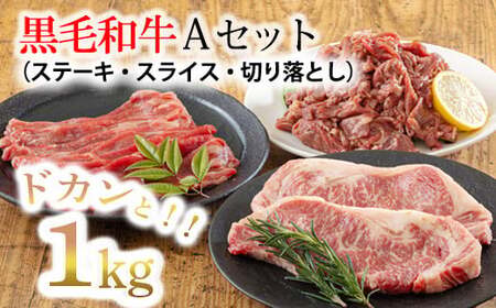 黒毛和牛Aセット(1kg) ステーキ・スライス・切り落とし詰め合わせ TF0561-P00020