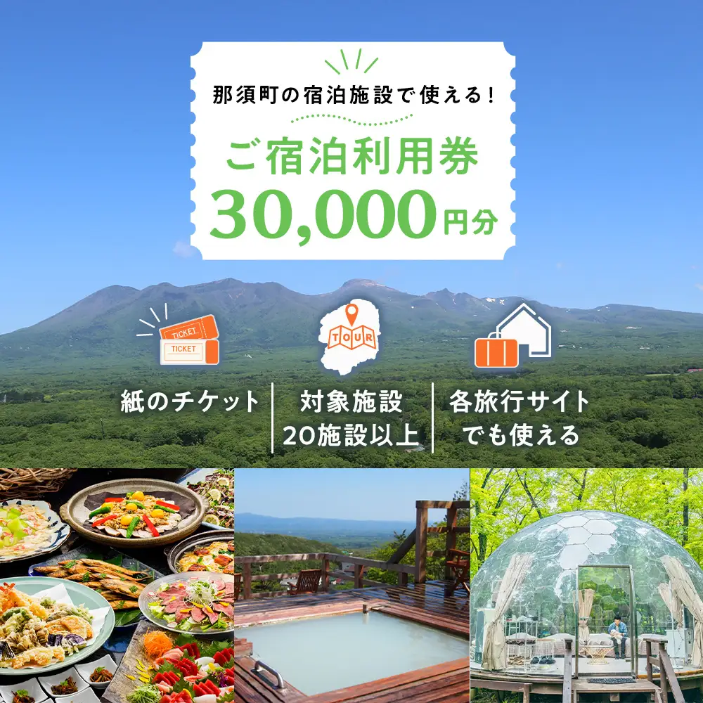 栃木県那須町で使える 共通宿泊利用券 30,000円分（3,000円×10枚）〔G-16〕｜宿泊 旅行 チケット 宿泊券 温泉 露天風呂 旅行券 ホテル 観光 国内旅行 那須 栃木県 那須町