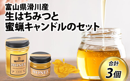 生はちみつと蜜蝋キャンドルのセット  国産 天然 はちみつ ハチミツ 蜂蜜 ハチミツ 純粋はちみつ 蜂蜜 百花 非加熱 国産 ギフト 贈答用 プレゼント レモン 紅茶 梅干し 富山県 滑川市 ハニー 人気 おすすめ [A-033001]