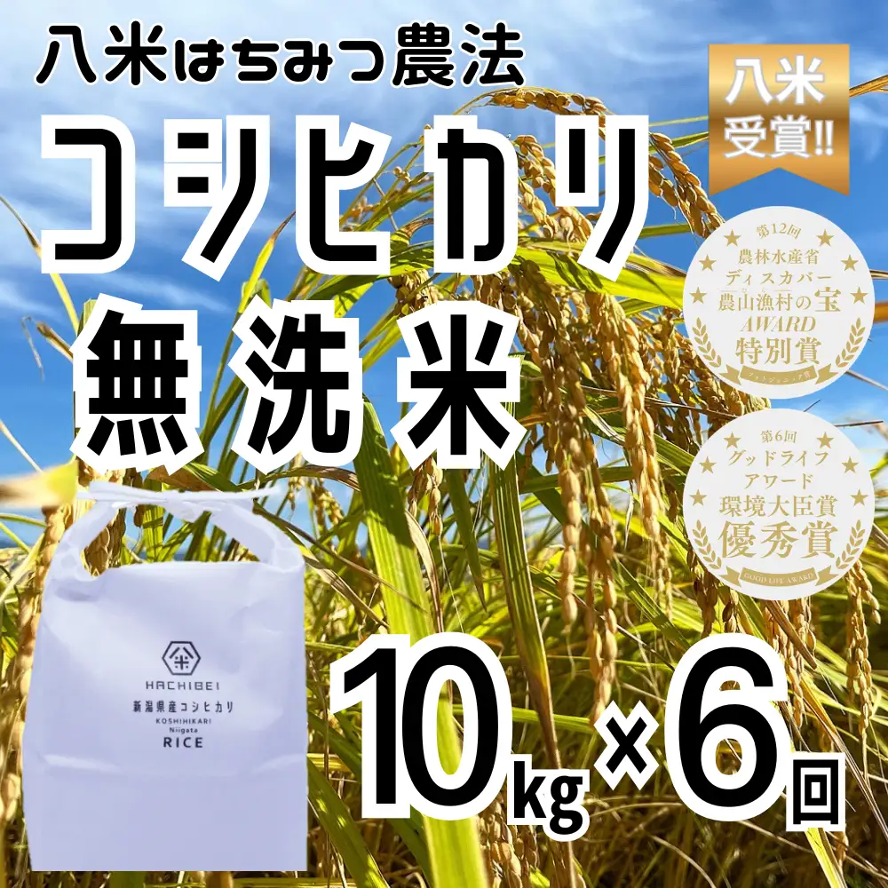 【令和8年産新米予約】【環境大臣賞受賞】【特別賞受賞】 6ヶ月定期便 無洗米 コシヒカリ 10kg×6回 計60kg 農家直送 ほんのり甘い「はちみつ農法」 白米 精米 HACHIBEI 八米 新潟県 米 こめ コメ 新米  新米予約 令和８年度産 10月中旬より順次発送 1L10159