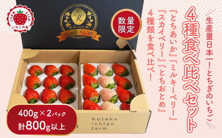 いちご 4種 食べ比べセット（とちおとめ、ミルキーベリー、とちあいか、スカイベリー）400g×2パック 800g ※2027年1月～発送