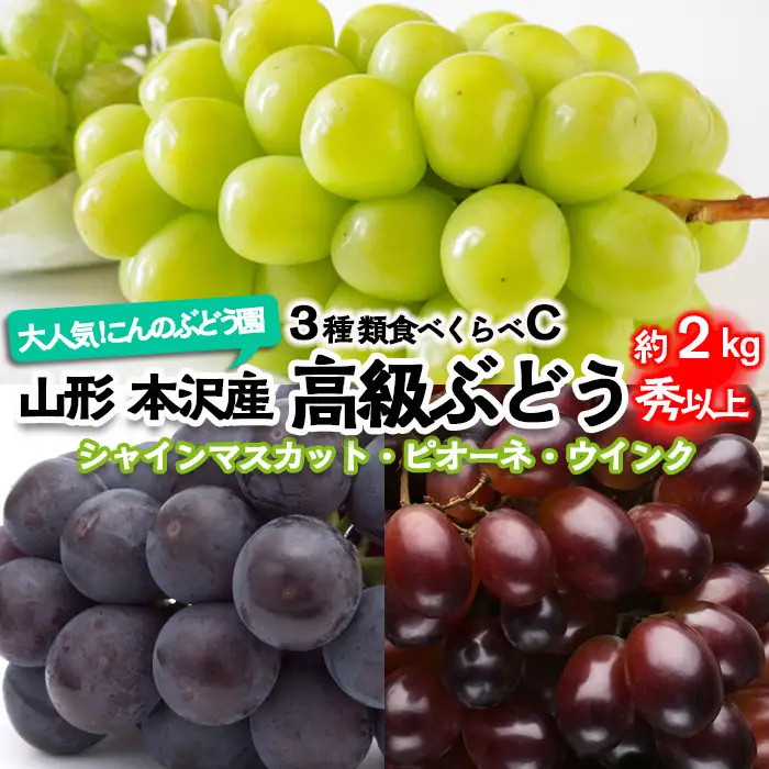 大人気！【こんのぶどう園】山形本沢産 高級ぶどう 3種食べくらべC 秀以上 約2kg 【令和8年産先行予約】FU22-337 くだもの 果物 フルーツ 山形 山形県 山形市 2026年産