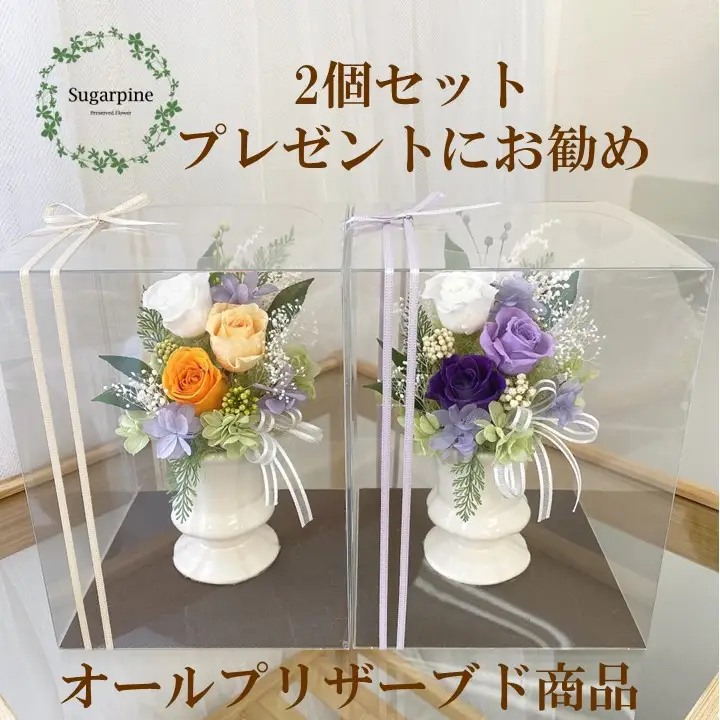 プリザーブドフラワー【カリヌゥ 2個セット オレンジ/パープル】【埼玉県 春日部市 シュガーパイン フラワーギフト セットアレンジ 贈り物 母の日】(AJ004-1)