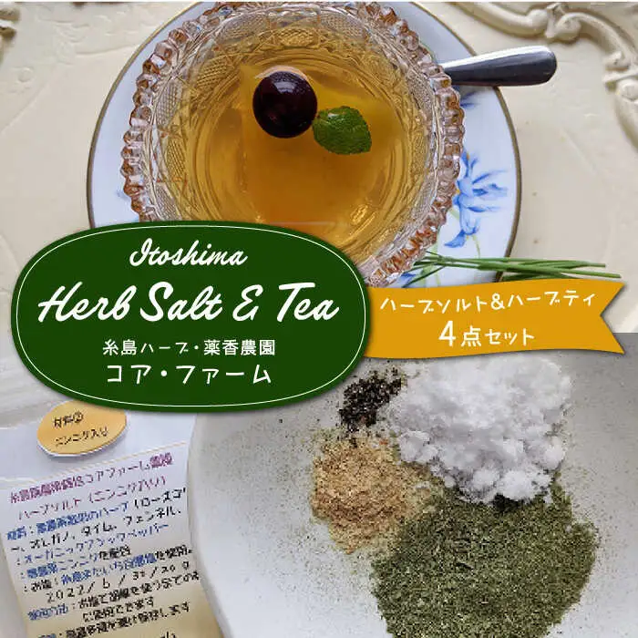 糸島で育てたオリジナルハーブソルト＆ハーブティー 4点セット  糸島市 / 糸島ハーブ・薬香農園 コア・ファーム しお ハーブ 調味料 お茶 [AJC005]