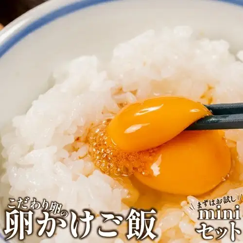 卵が苦手な子どもも食べられた！生臭くないおいしい卵を味わう卵かけご飯ミニセット(卵6個×2P、お米2合×1P、醤油×1本、塩×1P)【お届け日指定可能】／Gbn-B20