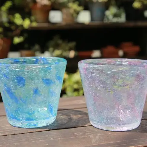 【ガラス工房雫】泡花口広カップ＜朝顔＆紫陽花＞2個セット