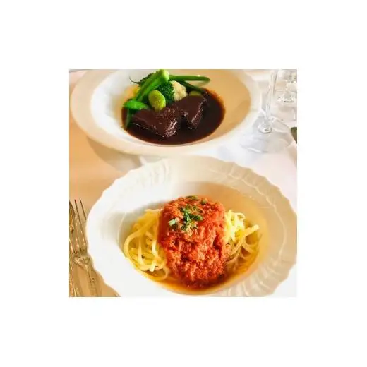 ベニズワイガニの特製トマトソースのパスタと和牛ホホ肉の赤ワイン煮込みセット