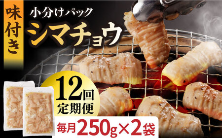【全12回定期便】【塩だれ】 九州産和牛 ホルモン シマチョウ 500g（250g×2袋）長与町/岩永ホルモン [EAX103]国産 牛肉 小分け 味付き 冷凍 焼肉