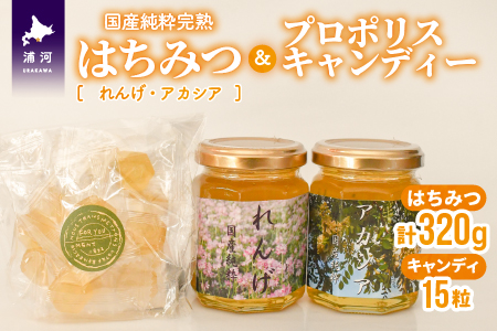 国産純粋完熟はちみつ小瓶(れんげ・アカシア)＆プロポリスキャンディーセット[16-1145]