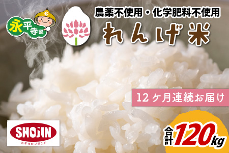 【12ヶ月連続お届け】農薬不使用・化学肥料不使用 永平寺町産 れんげ米 10kg×12ヶ月（計120kg）[L-002021]