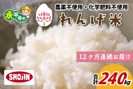 【12ヶ月連続お届け】農薬不使用・化学肥料不使用 永平寺町産 れんげ米 20kg×12ヶ月（計240kg）[N-002023]