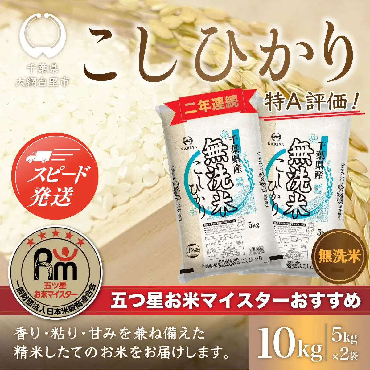 【最短2～7営業日出荷】令和7年産 2年連続特A評価!千葉県産コシヒカリ10kg無洗米（5kg×2袋） E004