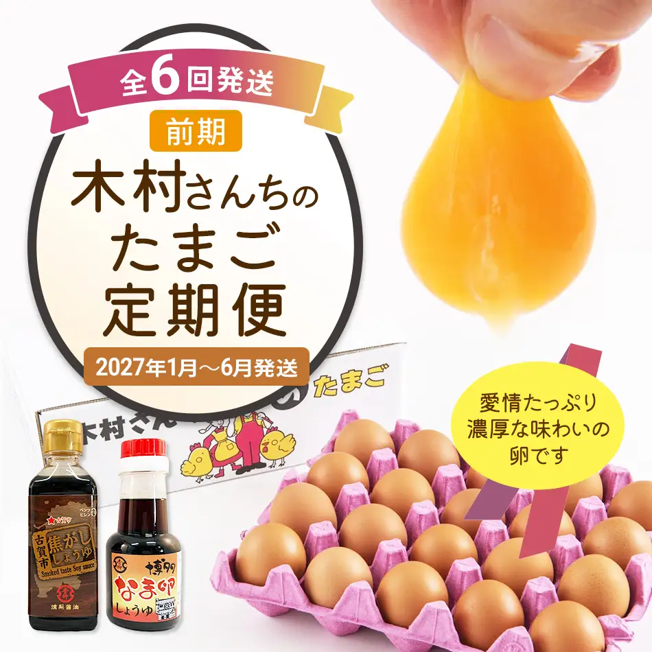 木村さんちのたまご前期定期便 6回発送（初回のみ醤油付き・たまご20個 M～L）20個×6回 合計120個 定期便 6ヶ月 卵 赤玉 送料無料 【2027年1月～6月の計6回お届け】