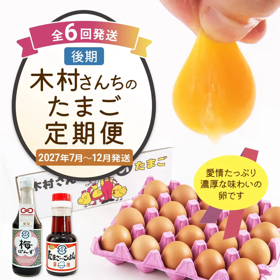 木村さんちのたまご後期定期便 6回発送（初回のみ醤油付き・たまご20個 M～L）20個×6回 合計120個 定期便 6ヶ月 卵 赤玉 送料無料 【2027年7月～12月の計6回お届け】