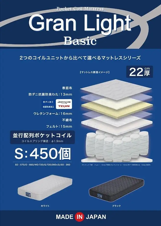 シングルサイズ 国産ポケットコイル マットレス グランライトベーシック【ホワイト】 83,875円