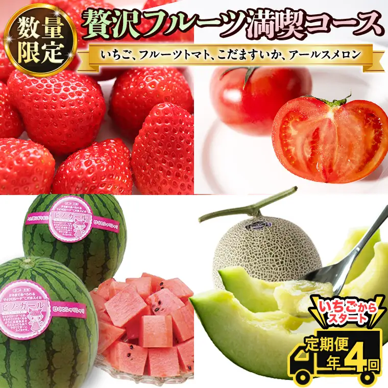 《 2027年 1月上旬開始 》全4回 定期便 贅沢 フルーツ 満喫コース KEK 国産 トマト フルーツトマト スイカ いちご メロン くだもの 果実 春 夏 秋 冬 特選 厳選 アド街ック天国 アド街 グッドモーニング 黄金のワンスプーン 王様のブランチ [BC047sa]