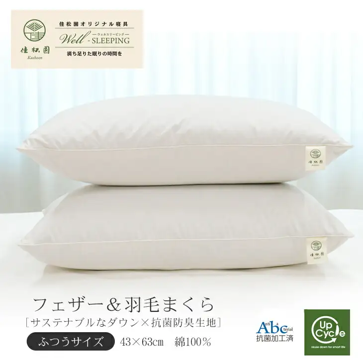 フェザー＆ダウンピロー（羽毛まくら） ふつうサイズ［ サステナブルな羽根と羽毛×抗菌防臭生地］ 【1325】