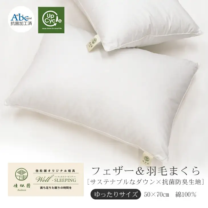 フェザー＆ダウンピロー（羽毛まくら） ゆったりサイズ［サステナブルな羽根と羽毛×抗菌防臭生地］ 【1326】