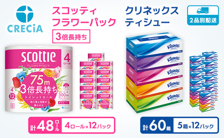 トイレットペーパー 4R×12P ティッシュ 60箱 ダブル 3倍長持ち スコッティ クリネックス セット トイレット