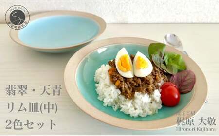 有田焼 青磁リム皿 中 2枚セット【梶原大敬 茂正工房】器 うつわ 食器 皿 深め パスタ皿 カレー皿 ワンプレート 2枚 セット ペア 青磁 翡翠 天青 ブルー 作家 手仕事 ろくろ シンプル 電子レンジ対応 50000円 5万円 ak040