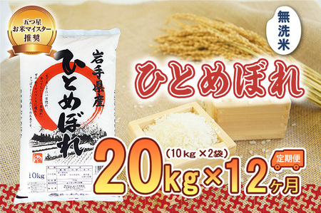 ひとめぼれ 無洗米 20kg 10kg×2袋 米 定期便 12回 12ヶ月 連続 お届け 盛岡市産 いわて米 ブランド米 精米 白米 米 お米 こめ コメ ライス ご飯 ごはん 美味しい おすすめ贈り物 国産 産地直送 盛岡 佐々木米穀店