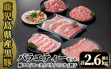 A8-012 国産！鹿児島県産黒豚バラエティーセット計2.6kg超え(小間切れ250g×4P・ロース300g・バラ300g・ミンチ500g・モモ500g・餃子10個入)【肉の豊楽】霧島市 豚肉 小分け 薄切り 総菜 詰め合わせ