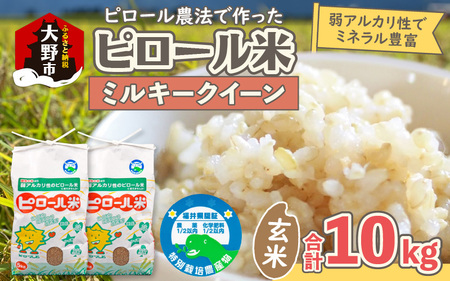 【先行予約】【令和7年産 新米】ミネラル豊富！弱アルカリ性のピロール米 ミルキークイーン 玄米 10kg（5kg×2袋）化学肥料5割以下・減農薬 [A-008006]