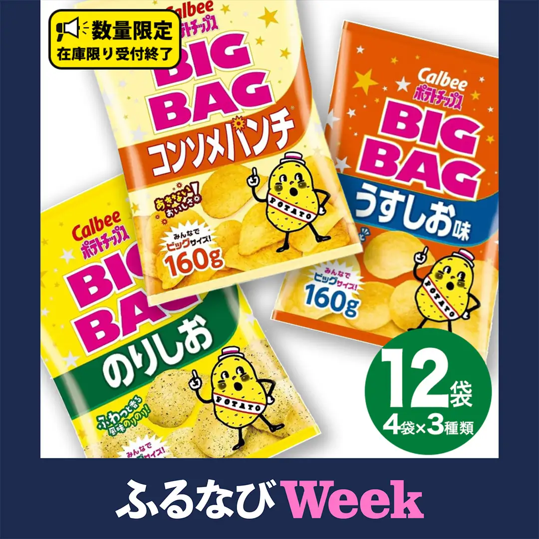 【ふるなびWEEK対象】 【最短3営業日！スピード発送】 カルビー ポテトチップス BIGBAG 160g 3種 各4袋セット (計 12袋 ) うすしお ・ のりしお ・ コンソメパンチ