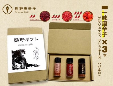 【テレビで紹介されました】 熊野唐辛子ギフト⑭（一味唐辛子（プサジュエラ、プリッキーヌ、ハバネロ）各1本）【kmng0011】