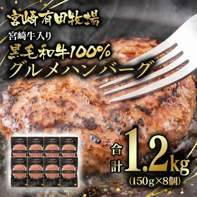 【世界グランプリ受賞】合計1.2kg！宮崎牛入り！宮崎県産黒毛和牛100%グルメハンバーグ150g×8 ＜14-14a＞
