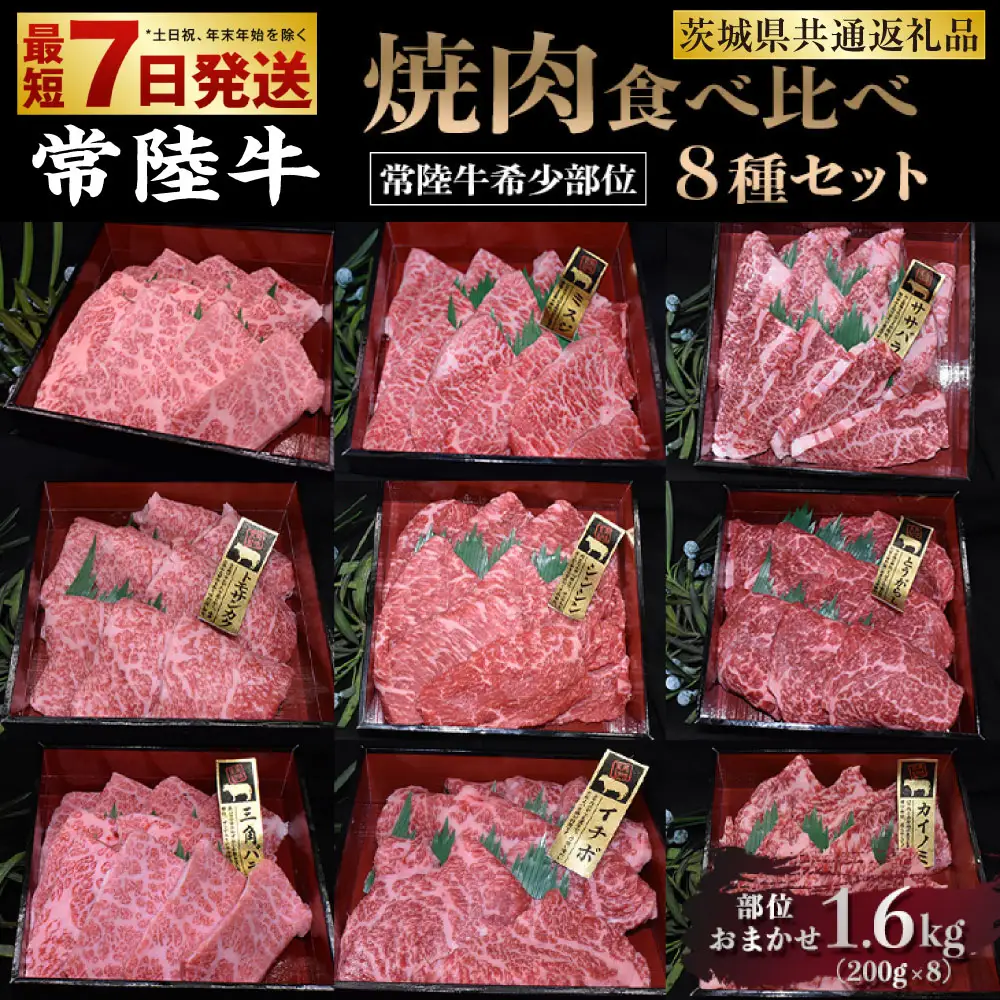 【常陸牛 希少部位】焼肉食べ比べ 8種セット 合計1.6kg（茨城県共通返礼品） 200g×8 8種 1600g 食べ比べ 詰め合わせ セット 焼き肉 焼肉 焼き肉用 BBQ バーベキュー 希少 希少部位 キャンプ アウトドア お肉 肉 牛肉 和牛 黒毛和牛 ブランド 常陸牛 お取り寄せ 冷凍 藤井商店 茨城県 守谷市 ※沖縄県・離島への配送不可