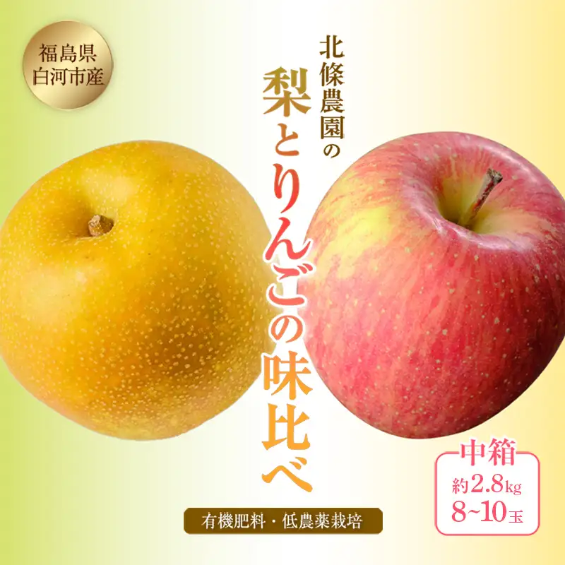 北條農園の有機肥料、低農薬栽培の【梨とりんごの味比べ】中箱 約2.8kg 8~10玉 F21R-108