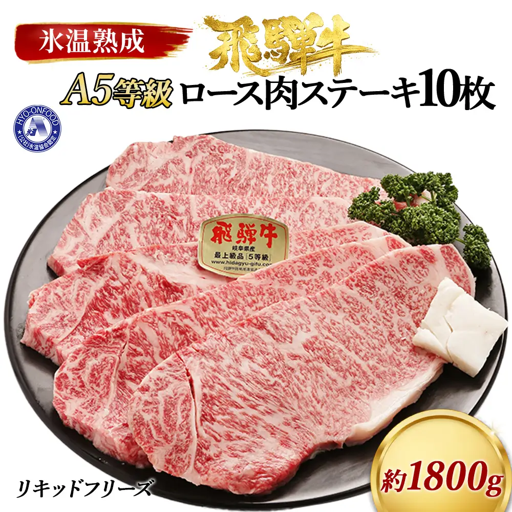 ロース肉ステーキ 10枚（約1800g）　氷温(R)熟成　飛騨牛Ａ５等級 リキッドフリーズ [No.539]