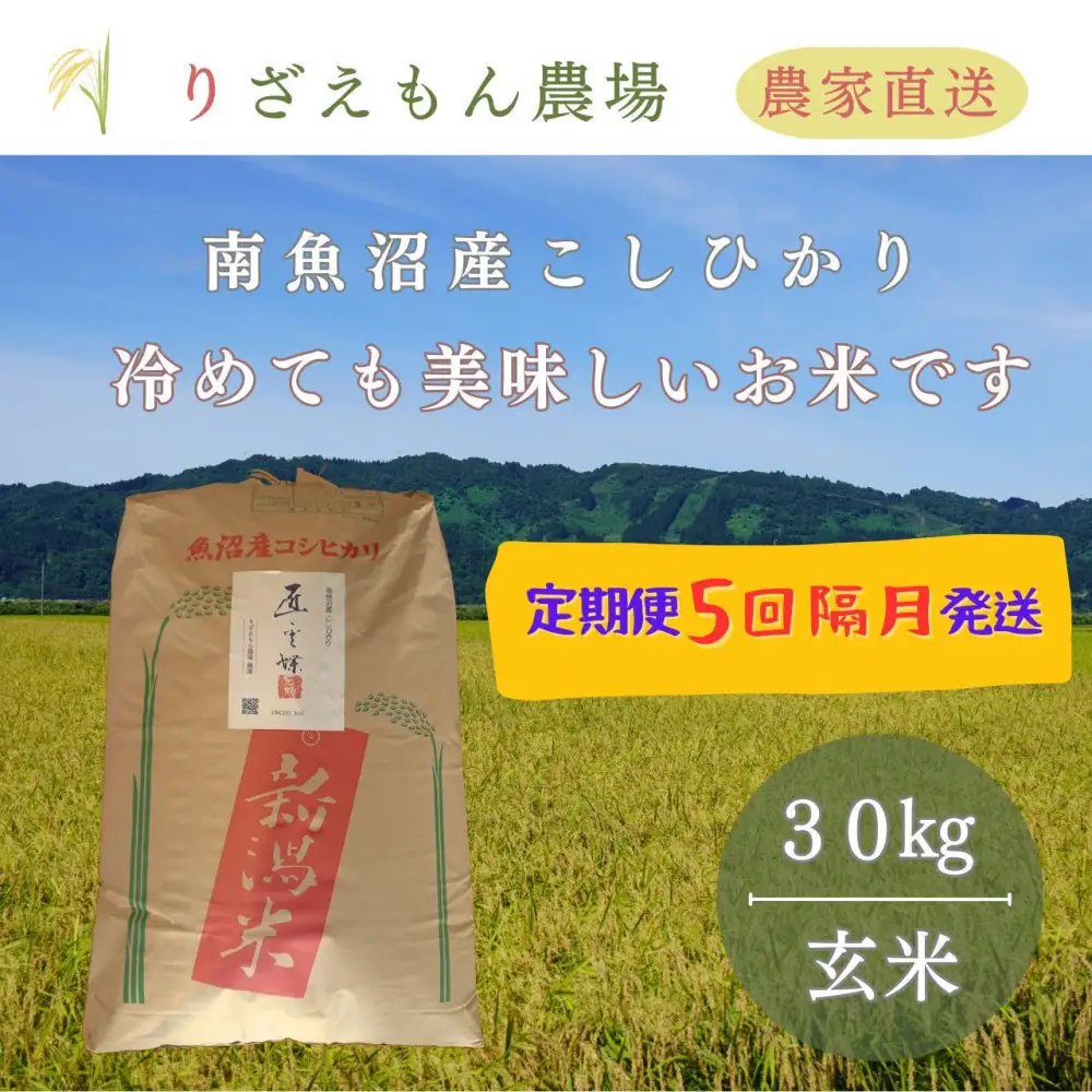 《令和8年産　新米予約受付》【定期便５回×玄米３０kg《合計150kg》】【隔月発送】南魚沼産コシヒカリ　玄米 ３０kg　＼生産農家直送／【2026年10月上旬より順次発送予定】