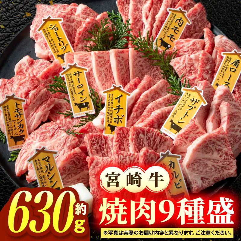宮崎牛焼肉9種盛（約630g）お肉 肉 牛肉 宮崎牛 ロース 肩ロース ザブトン ミスジ ウデ カルビ モモ 焼肉 冷凍 記念日 誕生日 お祝い ギフト 贈答 プレゼント セット 食べ比べ お取り寄せ