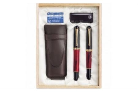 くれ竹万年筆・万年毛筆 夢銀河 鹿角セット（茜染め）万年筆 くれ竹 墨 C-01