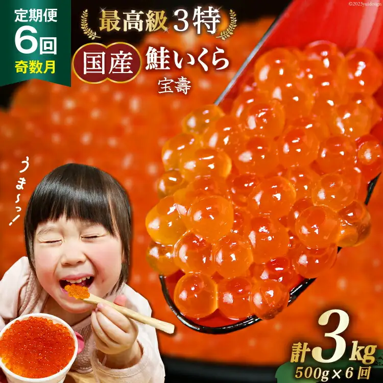 【TVで紹介！】定期便 6回 奇数月発送 最高級3特 国産 味付 いくら 宝壽 醤油漬 計3kg (500g×6回) / かわむら家 / 宮城県 気仙沼市 