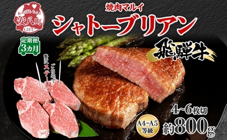 飛騨牛 シャトーブリアン ステーキ 3ヵ月定期便約800g 4～6枚切り×3 肉 牛肉 和牛 ブランド牛 お肉 ビーフ ヒレ 希少部位 赤身 国産 ご褒美 豪華 グルメ 焼肉 BBQ パーティー ギフト 贈り物 送料無料 焼肉マルイ 岐阜県 【 安八町 】