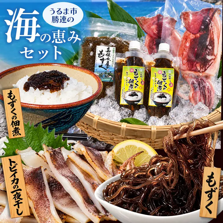 【嘉保水産】うるま市勝連の海の恵みセット【もずく・トビイカの一夜干し・もずく佃煮】