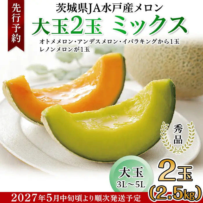 214茨城県JA水戸産メロン【秀品】大玉2玉ミックス(2.5kg)【2027年5月中旬頃より発送予定】