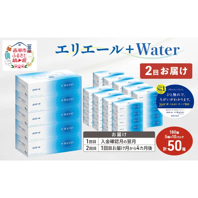 【2回お届け 計100箱】エリエール ＋Water 180組 5箱×10パック ティッシュペーパー 箱ティッシュ ボックスティッシュ 日用品 消耗品 保湿成分配合 やわらか 定期便 福祉用品 雑貨 