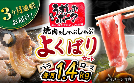 【3回 定期便 】 長崎 うずしおポーク 焼肉 ＆ しゃぶしゃぶ セット 1.4kg ＜スーパーウエスト＞ [CAG095] 焼肉 焼き肉 焼肉 豚 しゃぶしゃぶ 焼肉 豚肉 スライス