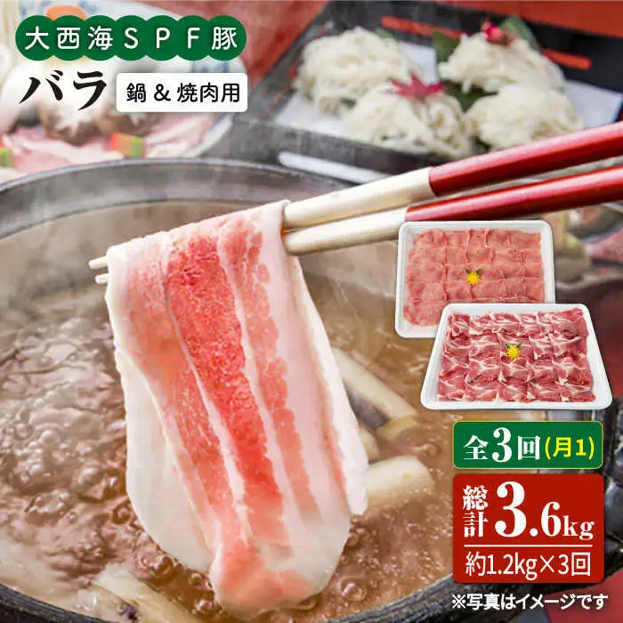 【6回定期便】大西海SPF豚 バラ（焼肉＆しゃぶしゃぶ用）計1.2kg 訳あり ＜大西海ファーム＞ [CEK086]