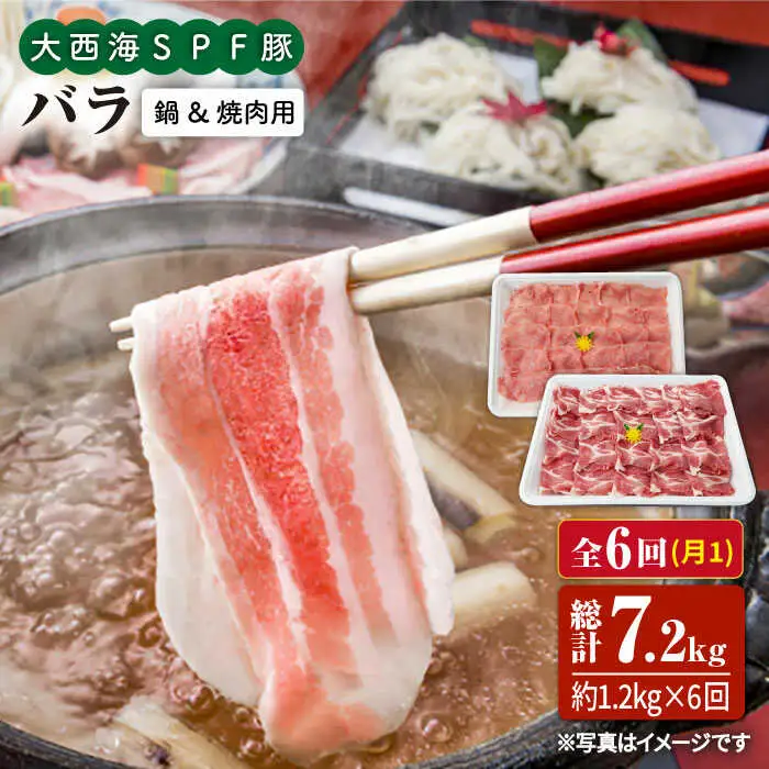 【6回定期便】大西海SPF豚 バラ（焼肉＆しゃぶしゃぶ用）計1.2kg 訳あり ＜大西海ファーム＞ [CEK087]