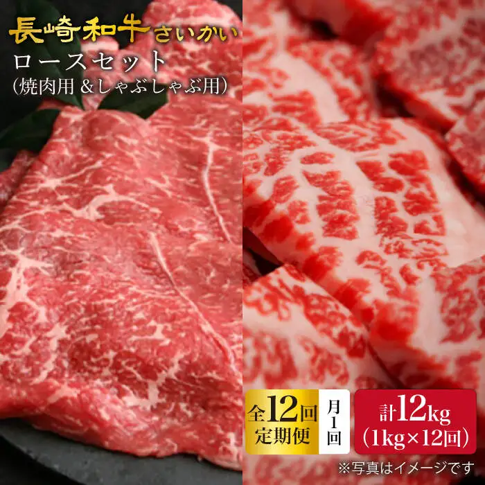 【12回定期便】【訳あり】長崎和牛 ロース食べ比べ 約1000g（焼き肉用、すき焼き・しゃぶしゃぶ用各約500gずつ）×12回定期便＜大西海ファーム＞ [CEK158]